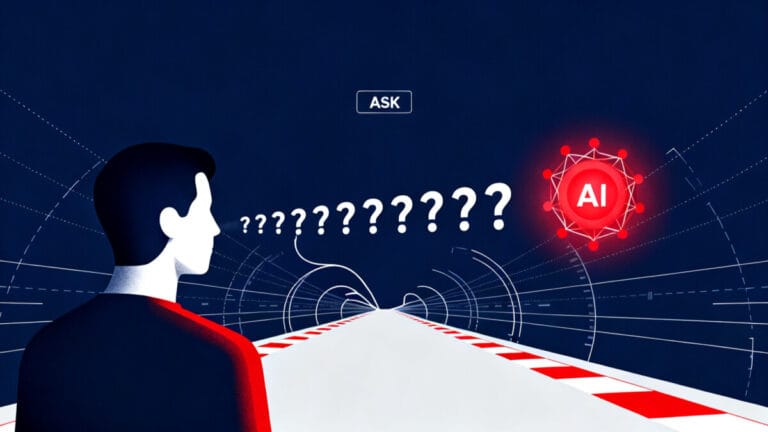 AI 시대 질문하는 능력을 상징하는 인포그래픽 — 사람과 AI 사이를 잇는 질문의 흐름