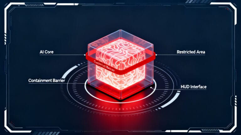 AI 모델 규제를 상징하는 차단막 안에 갇힌 강력한 AI 코어 모듈 인포그래픽