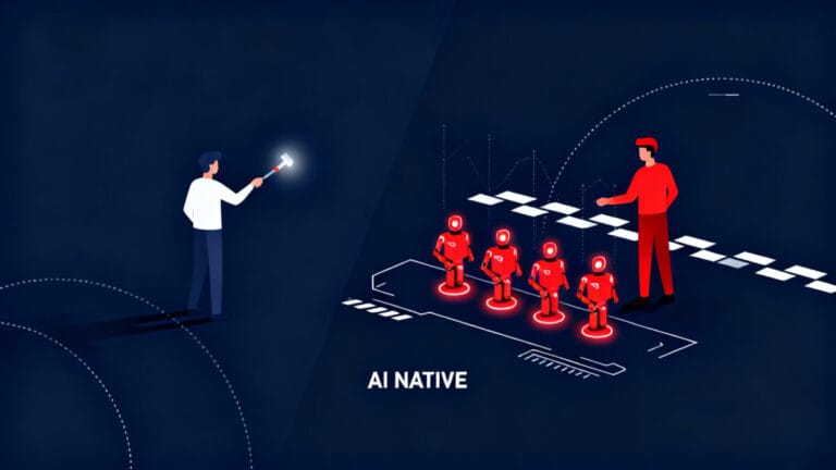 AI 네이티브 기업을 상징하는 인포그래픽 — 비서로 쓰는 조직과 노동력으로 쓰는 조직의 대비