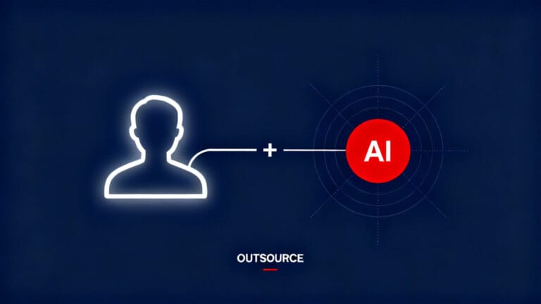 지능 외주화를 상징하는 인포그래픽 — 사람의 판단이 AI 노드로 흘러가고 곱셈 기호로 연결된 모습